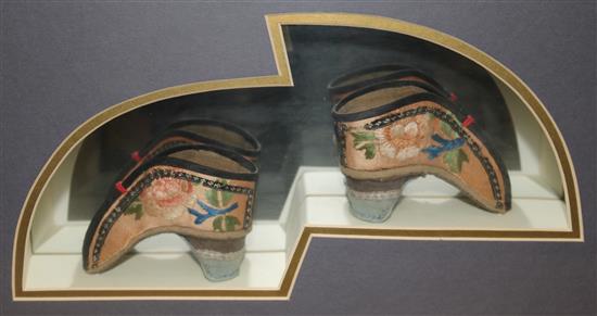 Two framed pairs of silk embroidered Chinese shoes